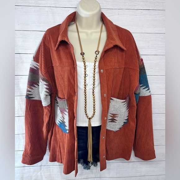 Boutique Brand Jackets & Blazers - Boutique Brand Brown Button Down Aztec Patchwork Corduroy Jackets Front Pockets